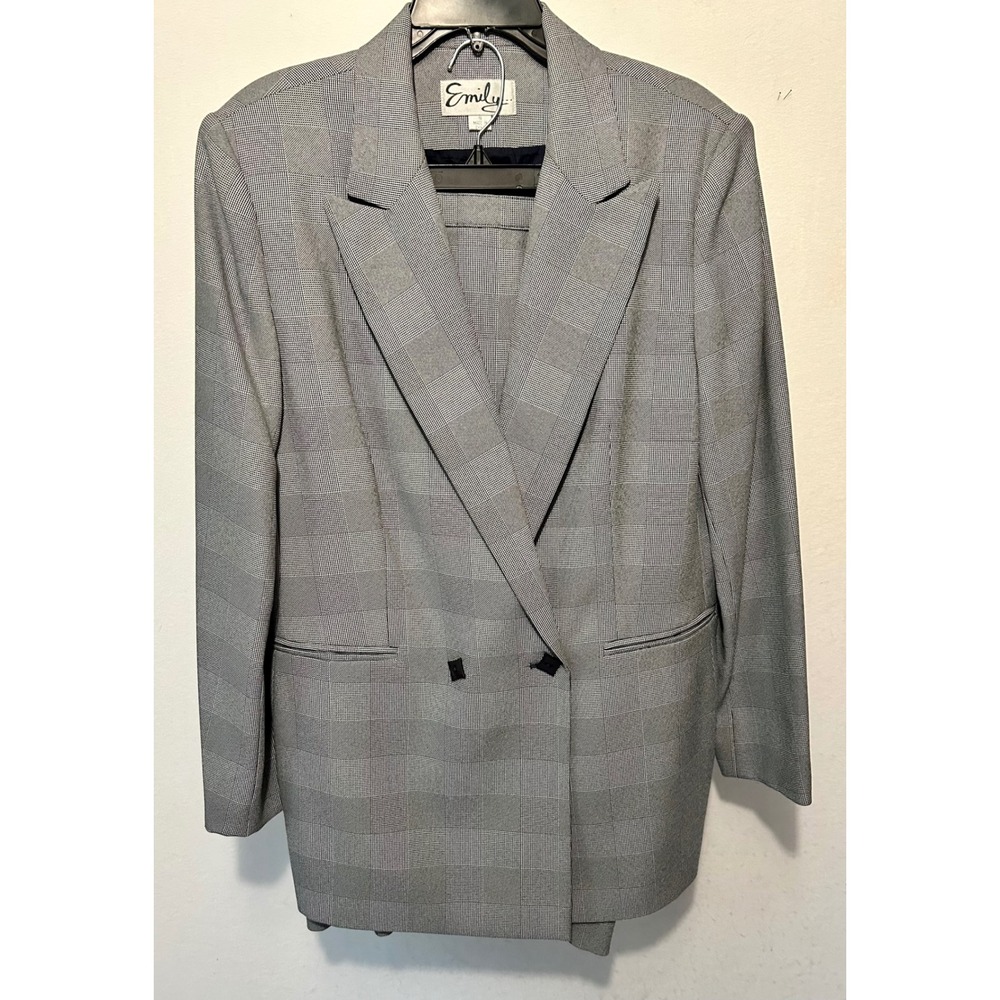 Emily Vintage Grey Glen Plaid Skirt Suit Set Blazer Pencil Skirt Womens Size 16